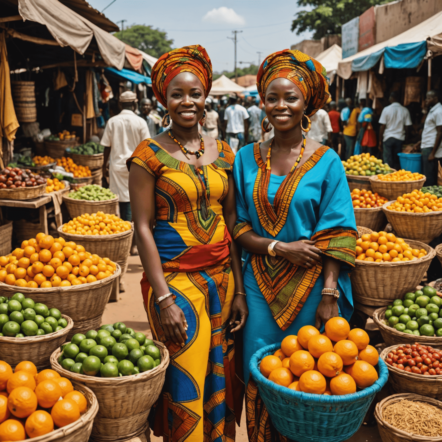 A vibrant African marketplace with local entrepreneurs showcasing their products, symbolizing the growing business opportunities in Africa