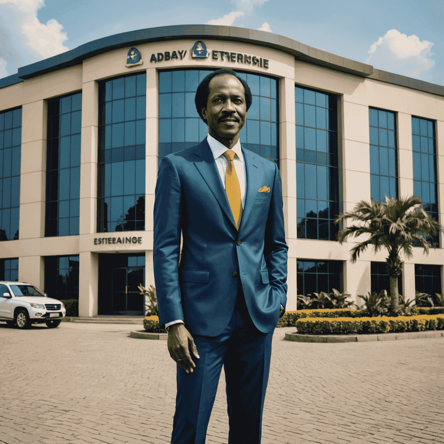 Adebayo Ogunlesi, founder of Adebayo Enterprises, standing in front of his company headquarters in Lagos