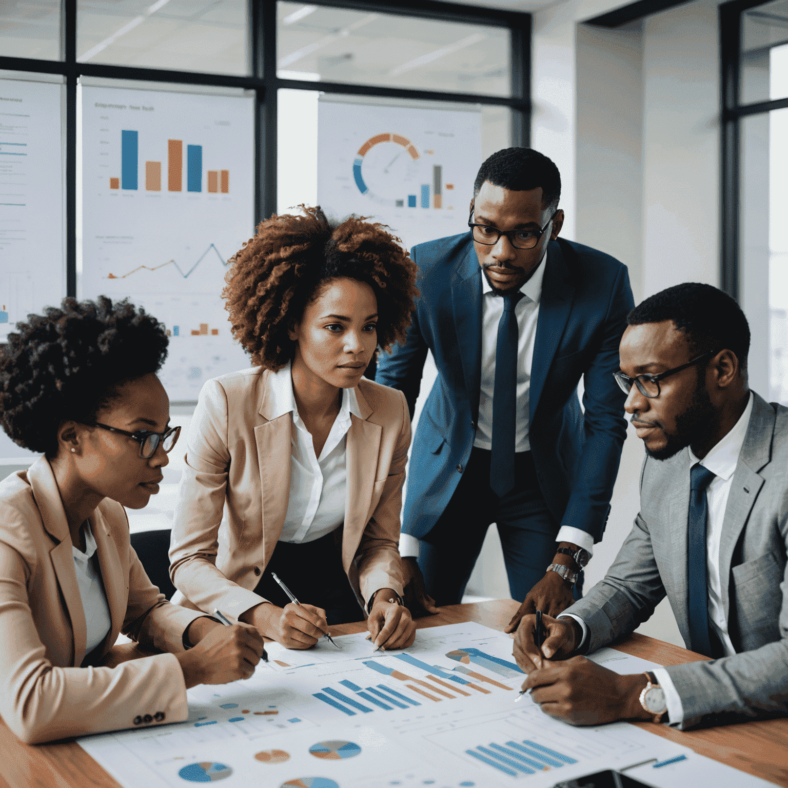 A group of diverse African business professionals discussing strategy around a modern office table, with charts and graphs displayed on screens in the background