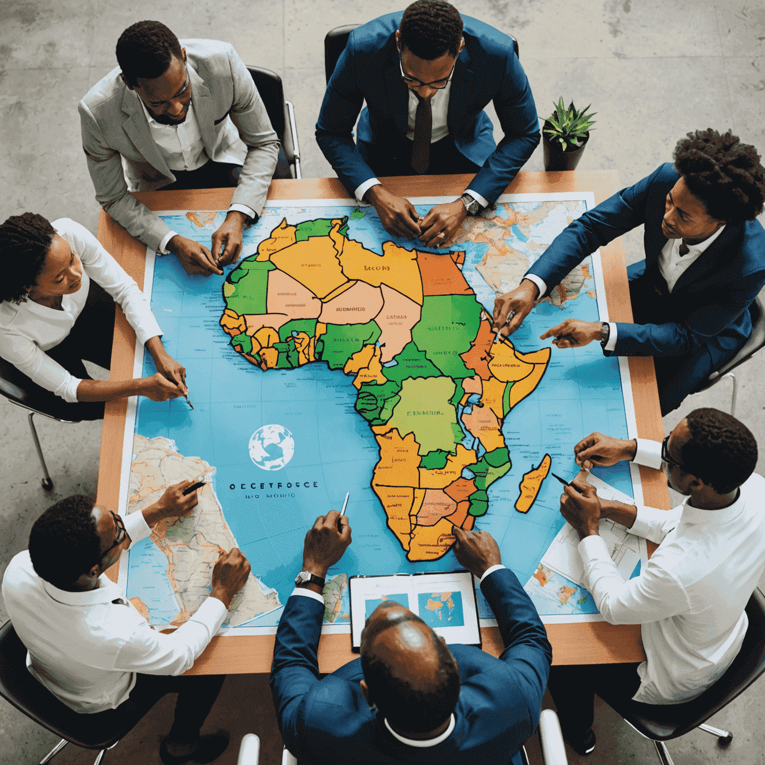 A diverse team of consultants discussing market entry strategies for Africa, pointing at a large map of the continent spread out on a modern office table