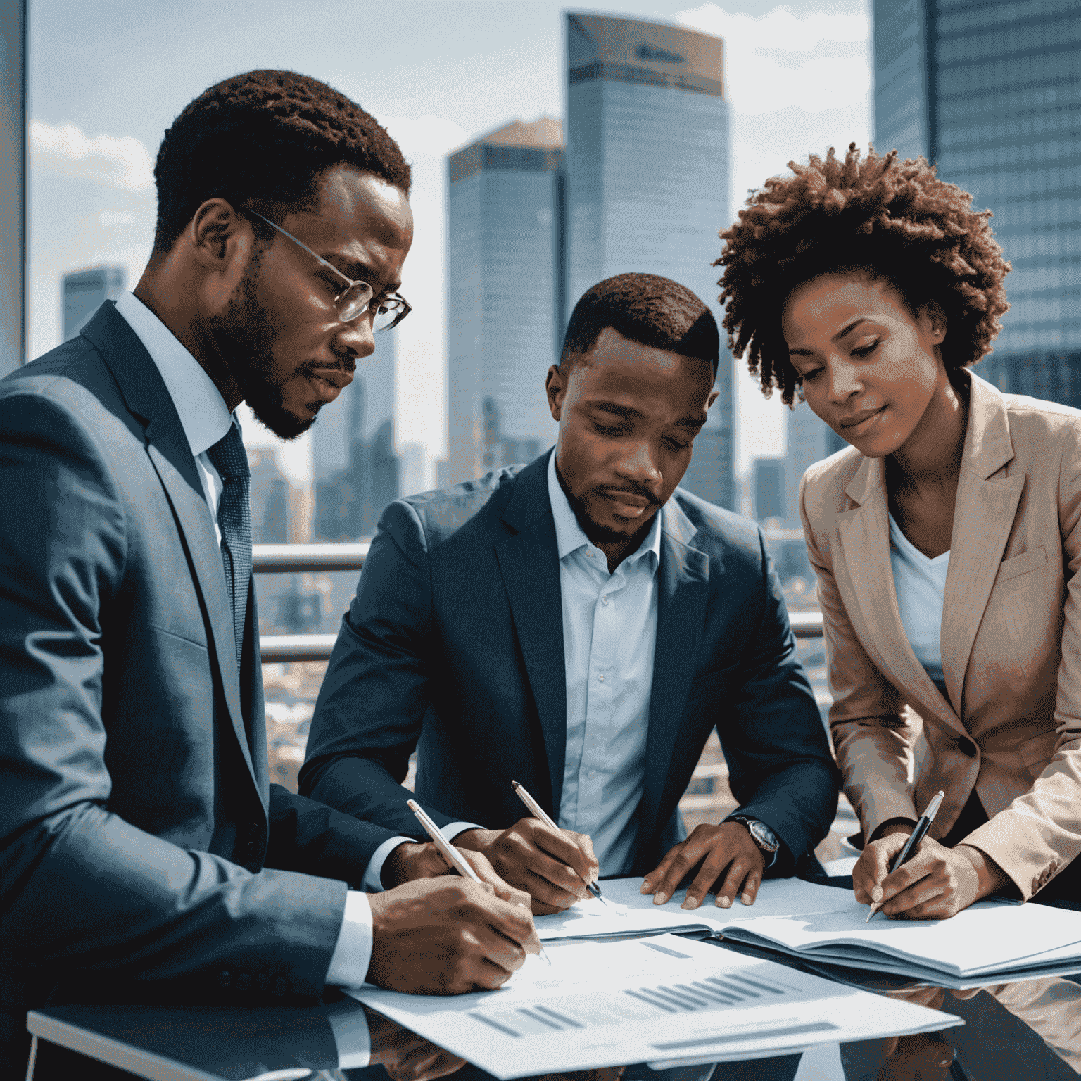 A diverse group of African business professionals reviewing regulatory documents, with a backdrop of modern African city skyline