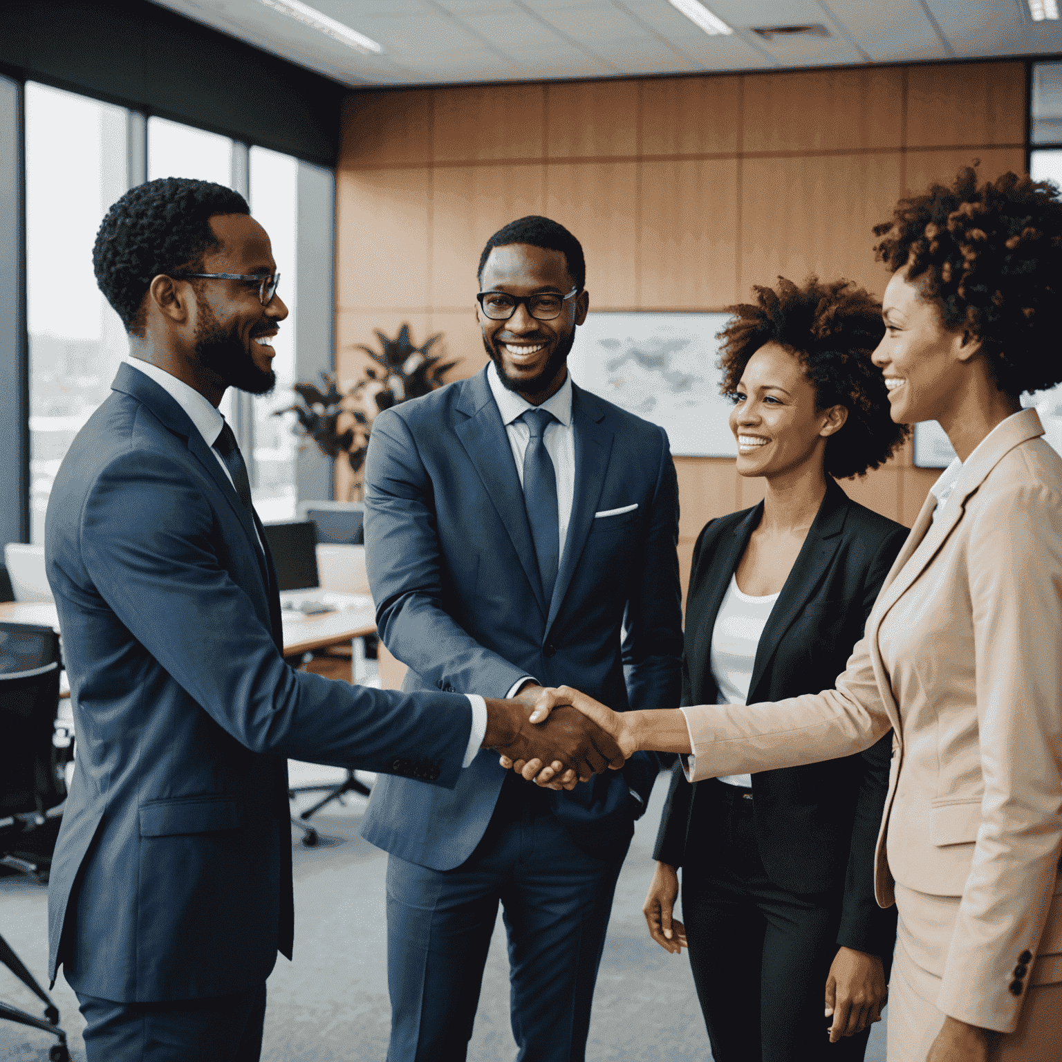 A diverse group of African business professionals shaking hands and collaborating in a modern office setting, symbolizing local partnerships