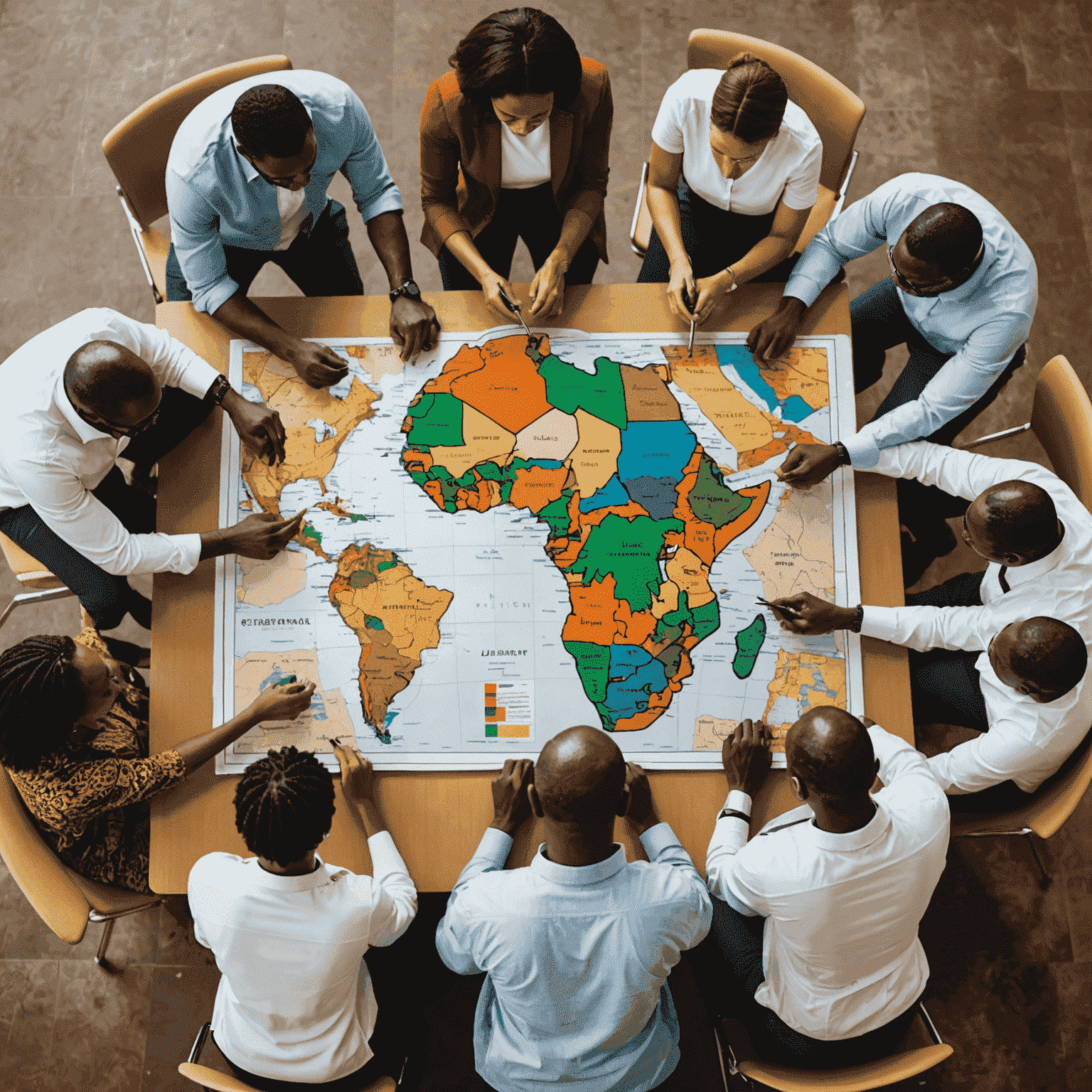 A diverse group of professionals engaged in a cultural intelligence workshop, with interactive displays showing maps of African countries and cultural symbols