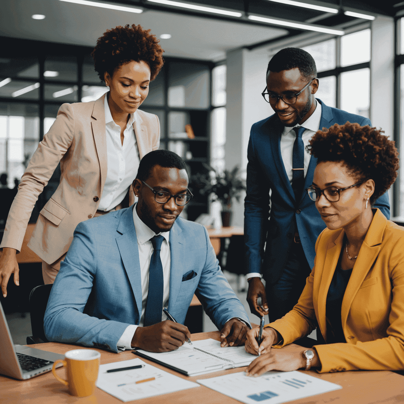 A diverse team of African business consultants in a modern office setting, collaborating on a project, representing the rise of local expertise in business services