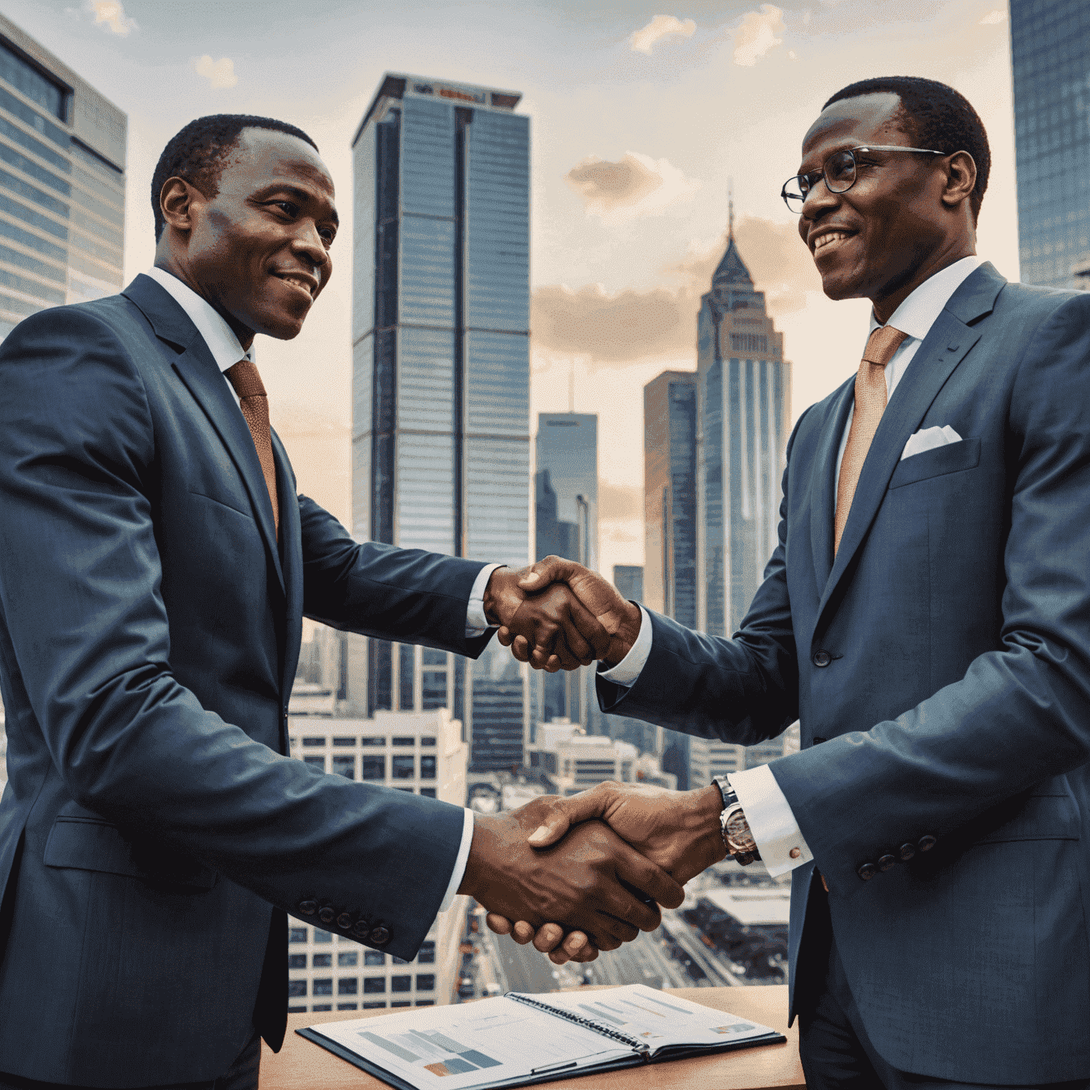 A handshake between an African businessman and a foreign investor, symbolizing successful market entry and partnership in a modern African cityscape background