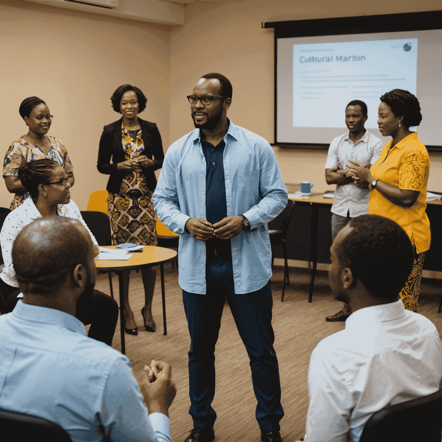 A facilitator leading a cultural intelligence training session, with participants actively engaging in a role-playing exercise focused on African business scenarios