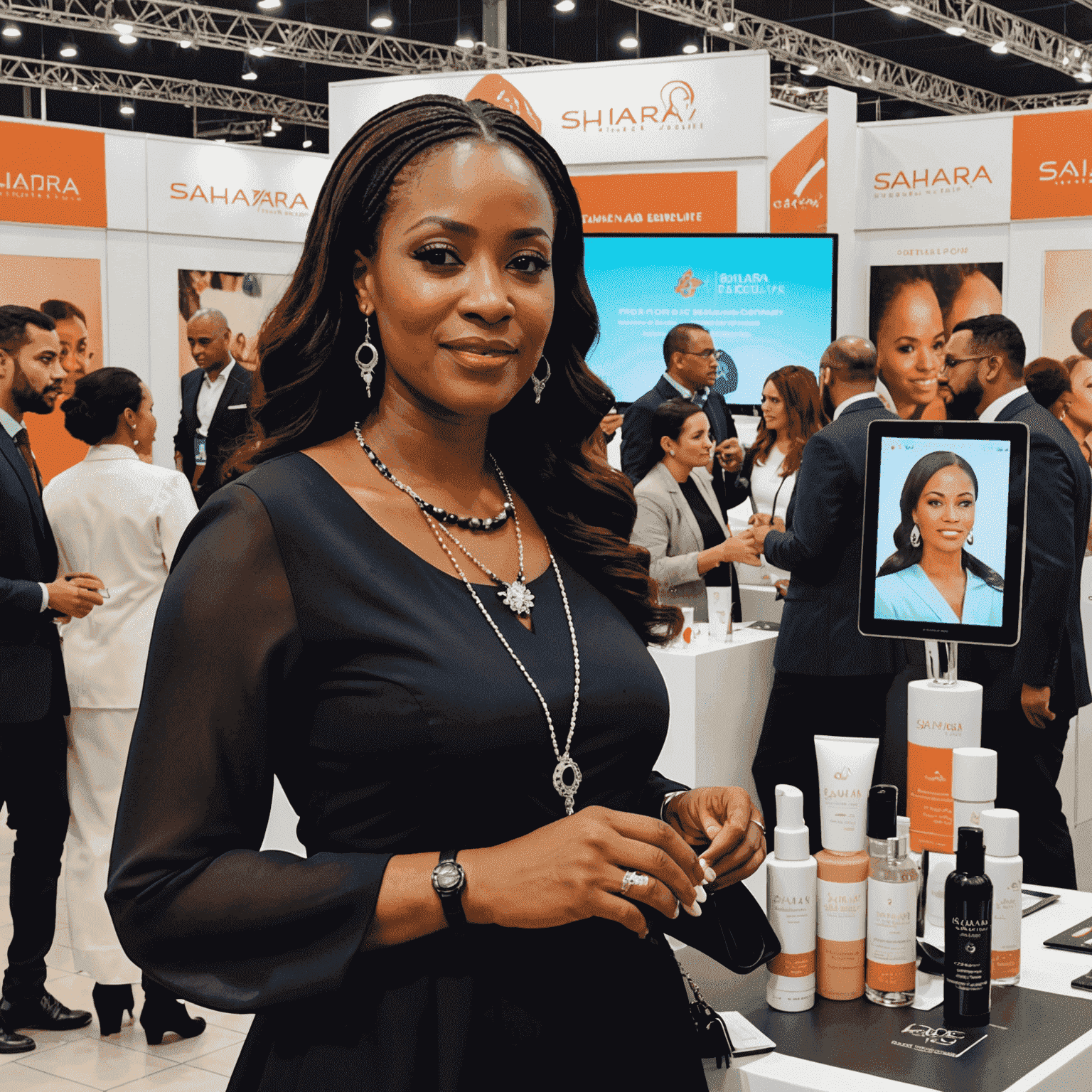 Amina Toure, CEO of Sahara Beauty, showcasing her product line at a beauty expo in Casablanca